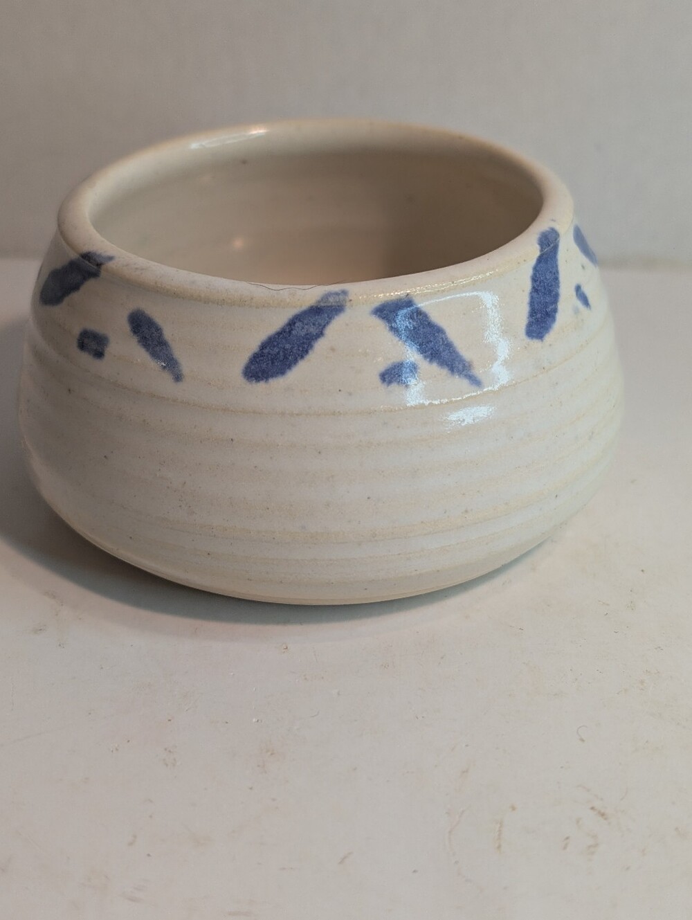 Stoneware Studio Art Pottery Pot Vase Speckled Cream & Blue Signed
